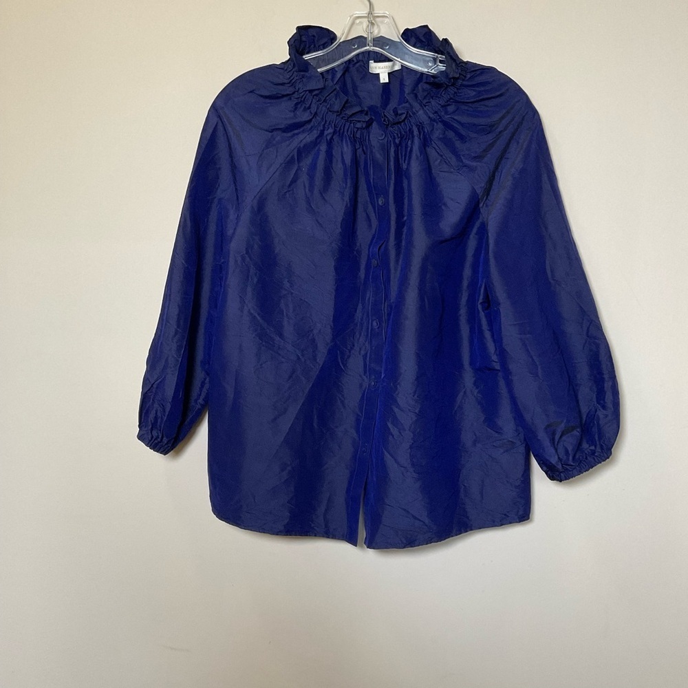 Ann Mashburn Women's Blouse Small Silk Puff Sleeve Ruffle Neck Button Front